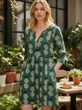 Maeve Forest Green Tree & Bird V-Neck Tunic
